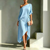 Women One Cold Shoulder Midi Dresses Loose Solid Draped Knot Waist Irregular Hem Dress Elegant Guest Holiday Formal Dress