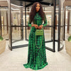 Women's Retro Print Turtleneck Long Sleeve Waistband Pleated Big A-Line Long Dress