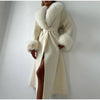 White Fur Patchwork Lace-up Overcoats Women's Street V-neck Full Sleeve Long Woolen Coat Winter Ladies Thick Outwear