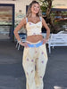Floral Print Sweetheart Cami Crop Top Lace Up Wide Leg Pants Autumn Women Two Piece Outfit Street Ladies Casual Suit