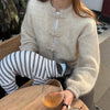 Fuzzy Frog Button Women's Knit Cardigan Long Sleeve Loose Cropped Cardigan Solid Relaxed Knit Top Daily Jackets