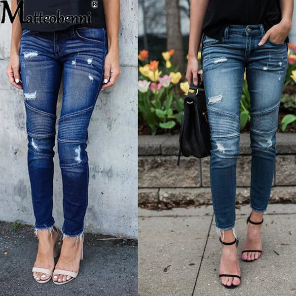 Mid Waist Skinny Jeans Women Vintage Distressed Denim Pants Autumn Crimped Destroyed Pencil Casual Ripped