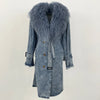 Lady Denim Jacket Mongolian Fur Collar Jacket Autumn Winter Long Trench Coat Fur Detachable Collar Fur Overcoats