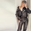 Leather Women's Pants Sets Chic Laple Single Breasted Long Sleeve Jackets Elastic Waist Straight Pants Suit Lady Outfits