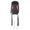 Knitted Turtleneck Ribbons Ruched Women Dress Brown Long Sleeve High Waist Dress Autumn Slim Elegant Party Club Dress