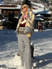 Women Chevron Color Block Padded Ski 2 Piece Set Fleece Collar Zipper Snow Jacket Cargo Wide Leg Pants Winter Snowboard Outfits