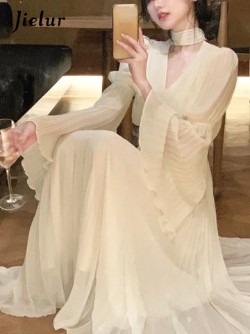 Spring Elegant V-Neck Midi Dress Office Lady Long Sleeve Casual One Piece Dress Korean French Vintage Chiffon Dress Women