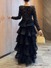 Elegant Spliced 3D Flower Dresses for Women O Neck Long Sleeves High Waist Patchwork Ruffles Folds Dress Female