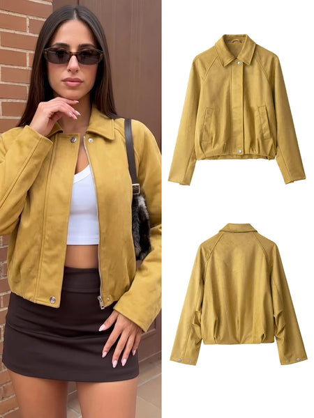 Women Lapel Long Sleeve Jackets Loose Casual Short Faux Suede Yellow Outwear Autumn High Street Chic Coat