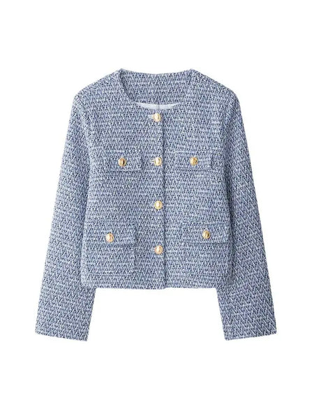 \Women's Tweed Jacket Coat Long Sleeve with Pockets Front Metal Button Chic Outerwear Female Tops