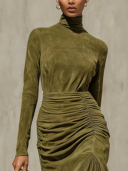 Turtleneck Long Sleeve Bodycon Dress Casual Long Sleeve Solid Slim Tassel Dress Women's Elegant Draped Suede Long Dress