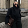 Edgy Stand Collar Woolen Women Coat Street Loose Long Sleeve Button Black Female Jacket Casual Autumn Winter Lady Outwear