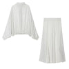 Women's Polka Dot Blouse Skirt Set Spring High Neck Batwing Sleeve Sheer Front Tie Bow Midi A-Line Dress Set