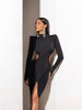 Elegant Hollow Dress Women Turtleneck Ruched Patchwork Full Sleeve Irregular Hem Skinny Stretch Party Club Bodycon