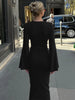 Autumn Elegant O-Neck Long Flare Sleeve Ruched Slim Fit Ribbon Long Dress Women'S Solid Casual Party Club Outfit