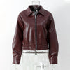 Loose PU Jacket Coats For Women Autumn Winter Long Sleeve Lapel Wine Red Coats Vintage Commuting Bomber Jackets