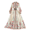 Runway Designer Dresses Women Stand Neck Long Sleeve Floral Print With Belt Boho Holiday Dress Flower Long Robes