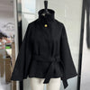 Autumn Elegant Coat Femme Lace Up Slim Woolen Coats Tops Street Casual Solid Turtleneck Jacket Women