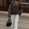 Women's Cropped Cardigans V-neck Knitted Sweater Coat Long Sleeve with Pocket Casual Streetwear Outwear Autumn