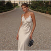 Solid Color Satin Bustier Women Maxi Dress Yellow Spaghetti Strap V Neck Waist-cinching Dresses Party Vestidos