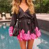 Women Satin Silky Wrap V Neck Lace Trim Tie Waist Bell Sleeve Kimono Mini Dress Party Wedding Guest Y2k Short Dress