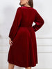 Plus Size Women's Velvet Long Sleeve V-Neck Midi Dress with Waist Tie in Elegant Red