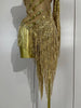 Sparkly Rhinestones Tassel Sexy See-Through Dress Women One Shoulder Latin Dance Outfits Bars Nightclub Party Stage Costume