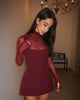 Sexy Women's Burgundy Mini Dress Turtleneck Transparent Long Sleeve A-line Short Dresses Evening Party Prom Cocktai