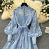 Women Elegant Floral Emboridery Dress Hollow Out Long Sleeve Single Breasted Belt French Court Chic Short A Line Dress