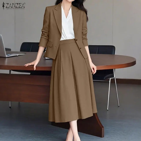 Elegant OL Women's Skirt Suits Long Sleeve Blazer Jackets & A-Line Pleated Skirts 2 Pieces Sets Outfits Woman Sets S-3XL