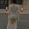 Sexy Lace Printed White Dress For Women See-Through Hollow Out Full Sleeve V Neck Slit Slim Maxi Dress Evening Party Club Outfit