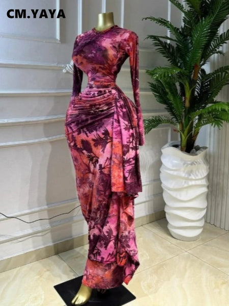 Women Print O-neck Ruched Ribbon Bodycon Long Dress Spring Street Evening Birthday Club Party Vestidos Sexy Dresses