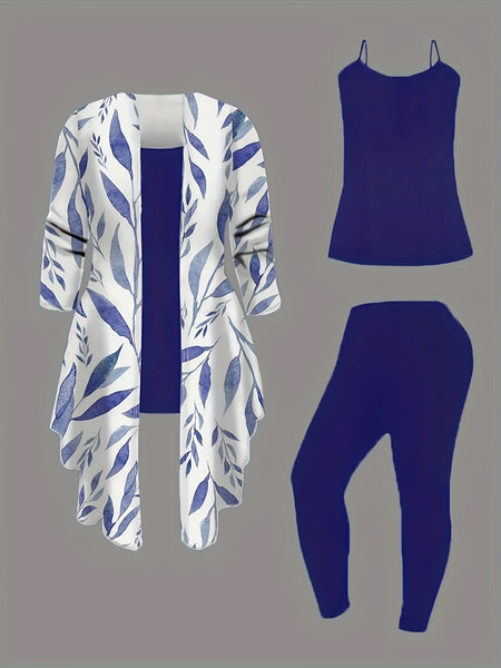Plus-size women's 3-piece set: color-blocked printed cardigan jacket paired with trousers and vest for a casual everyday look