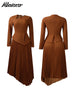 Patchwork Pleated A-Line Mid Dress for Women Long Sleeve Diagonal Collar Office Dresses Female Vacation African Robe
