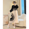 Anmrem Tie Flower Design Women's Pleated Dress O-neck Long Sleeve Colorblock Patchwork Chic Beading Loose Famale Clothes 2DB5753