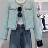 Women Elegant Tweed Jackets Chic O-neck Long Sleeve Tops Autumn Single-breasted Office Cardigan Coat Outerwear