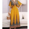 Women Bohemian Ethnic Printed Holiday Dress V-Neck Elastic Waist Casual Batswing Sleeve Mid Dress Elegant Vintage Retro Dress