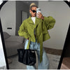 Autumn Women's Green Suede Short Jacket Loose Lapel Zipper Long Sleeve Bomber Coat Female Lady High Street Outwears