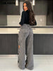 Women Vintage Cutout Hollow Out Criss Cross Straight Denim Pants High Waist Wide Leg Jeans Trousers