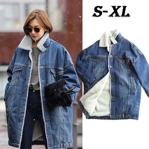 Female jacket Women Warm Thick Winter Long Sleeve Denim Jacket Long Jean Coat Outerwear Women jacket Overcoat