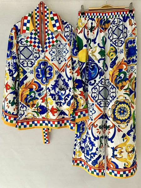 Retro Design Print Lapel Lace-Up Long-Sleeved Shirt Spring Women's Two-Piece Suit+ Elastic Waist Straight Trousers S