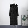Elegant Fur Collar Hood Belt Long Cotton Jacket Women Zipper Drawstring Waist Parka Down Coat Winter Lady Warm Chic Outwear