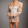 White Lace Patchwork Blazer Women's Notched Collar Slim Fit Long Sleeves Single Breasted Suit Jacket Tide