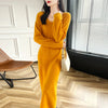 100% Merino Wool Women Long Dress Sweater V-Neck Pullover Long Dress Versatile Cashmere Knitwear Bottoming Clothing