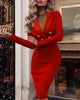 Sexy Deep V-neck Long-sleeved Slim Dress For Women Autumn Winter Solid Color Office Ladiy Button Hip Dresses Female