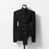 Women Black Blazer Stand Collar Metal Buckle V-Neck Hollow Waist Slim Fit Party Long Suit Jacket