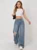 Wide Leg Distressed Straight Jeans for Women Elastic Casual Bootcut Denim Pants Ladies Jeans