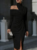 Women's Asymmetrical Off Shoulder High Neck Midi Dresses Long Sleeves Ruched Split-Side Elegant Cocktail Party Dress