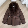Winter Women Short Puffer Jacket Faux Fur Lapel Collar Waist Belt Design Solid Color Warm Elegant Daily Ladies Outerwear