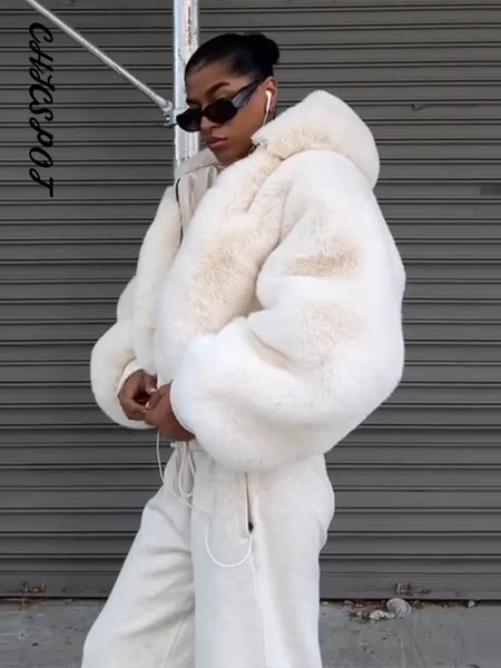 Women's Faux Fur Coats Hooded Patchwork Zipper Cropped Jackets Street Female Lantern Long Sleeves Loose Autumn Winter Outerwears